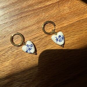Elegant Gold Hoop Earrings with White and Blue Heart Charms